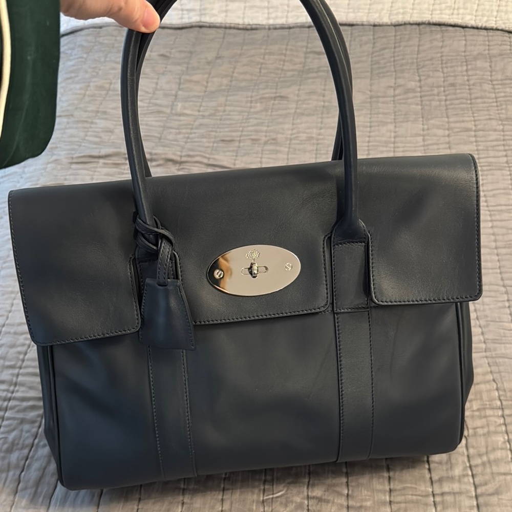 Mulberry Navy Leather Bayswater Satchel with Silver Hardware